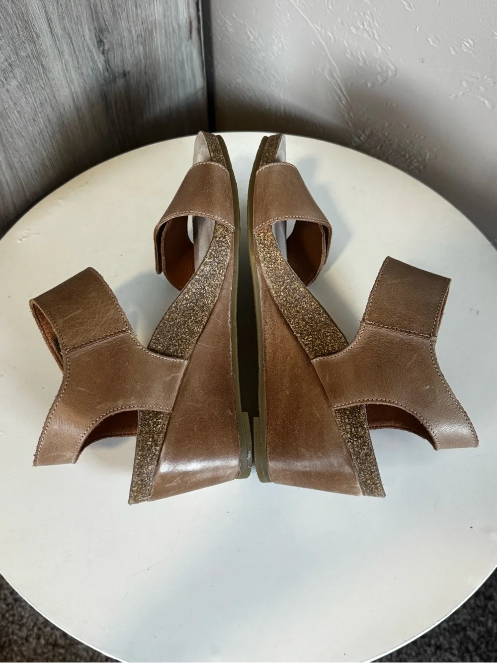 Taos Women's Tan Wedge Sandals with Decorative Button Accent